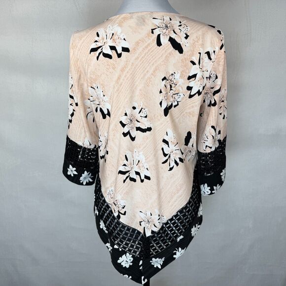Alfani Women Sz PS Asymmetrical Top Floral Print Crochet Trim Round 3/4 sleeve - Picture 3 of 9
